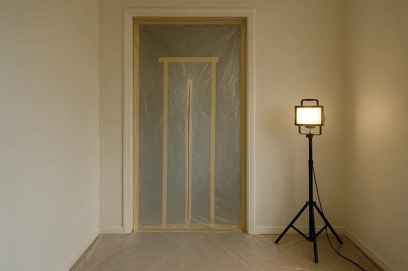 The doorway of an older house room sealed from floor to ceiling in taped clear plastic sheeting with a zip-flap entrance, plastic on the floor and a work light on a stand — friable asbestos removal, Sydney. Illustrative example.