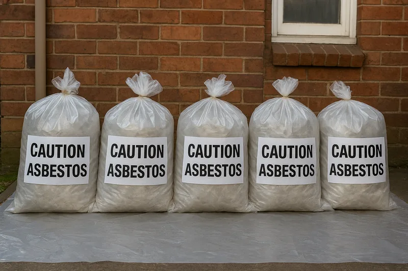 Five sealed clear waste bags each printed with a white panel reading CAUTION ASBESTOS, lined up on plastic sheeting on a concrete path beside an older brick house — asbestos disposal, Sydney. Illustrative example.