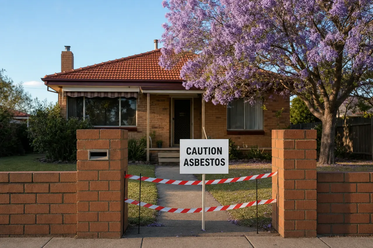 A single-storey brick bungalow with a terracotta-tiled roof behind a low brick fence and a flowering jacaranda, red-and-white tape strung across the concrete path just inside the gate, with a white sign reading CAUTION ASBESTOS on a stake beside it — asbestos removal, Sydney. Illustrative example.