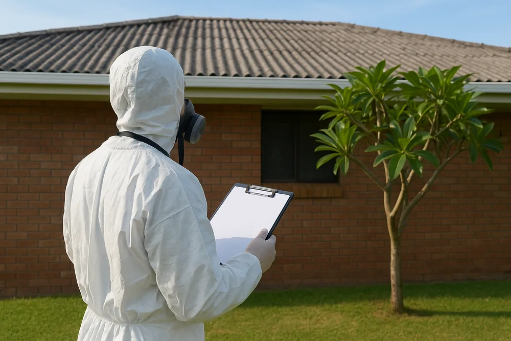 A person in white coveralls with a respirator at the neck, seen from behind, holding a blank clipboard and looking at a single-storey brick house with a corrugated roof and a frangipani tree — asbestos inspection, Sydney. Illustrative example.
