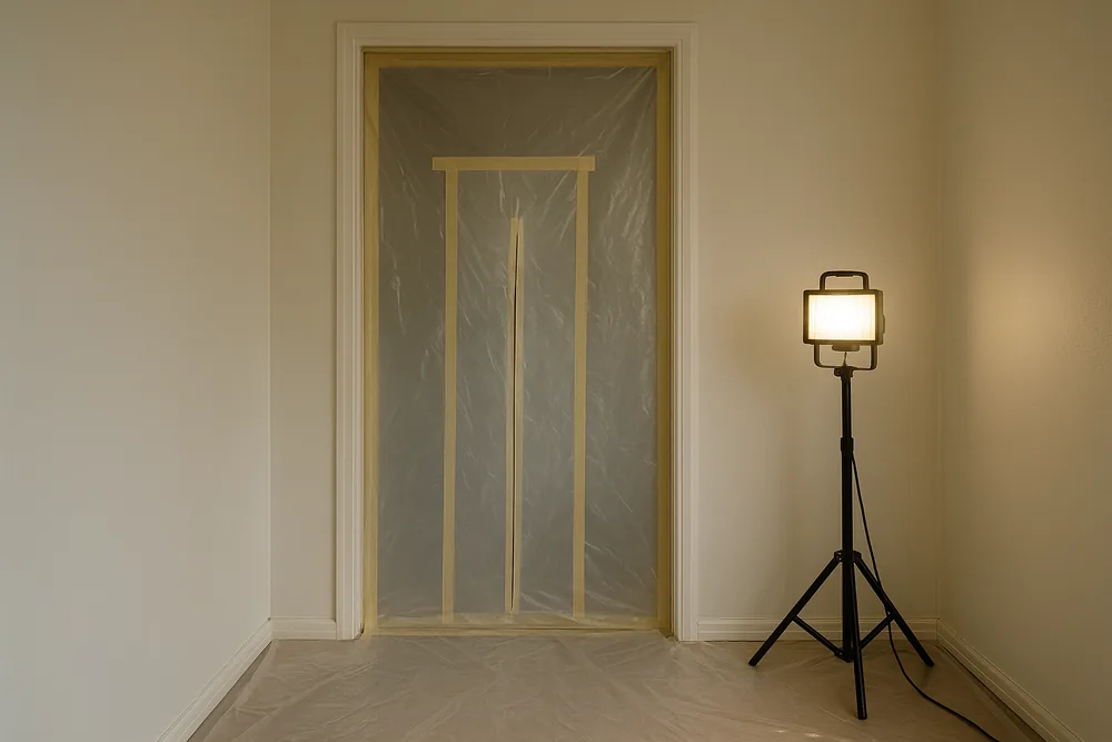 The doorway of an older house room sealed from floor to ceiling in taped clear plastic sheeting with a zip-flap entrance, plastic on the floor and a work light on a stand — friable asbestos removal, Sydney. Illustrative example.