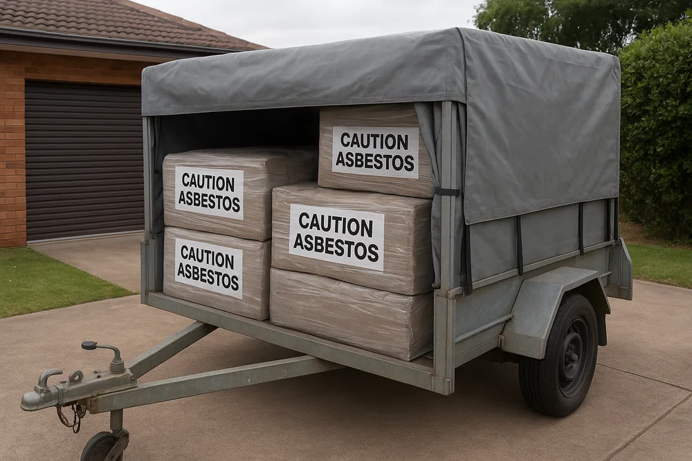 A galvanised box trailer loaded with wrapped bundles labelled CAUTION ASBESTOS, a grey tarpaulin pulled over and strapped along the side, on a suburban driveway — asbestos disposal, Sydney. Illustrative example.