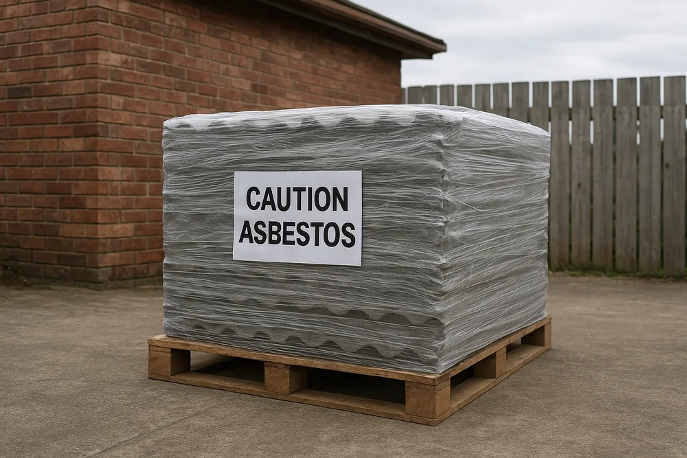 A stack of corrugated grey sheets on a wooden pallet wrapped tightly in clear plastic with a white tag reading CAUTION ASBESTOS, in front of a brick wall and a paling fence — asbestos roof and sheet removal, Sydney. Illustrative example.