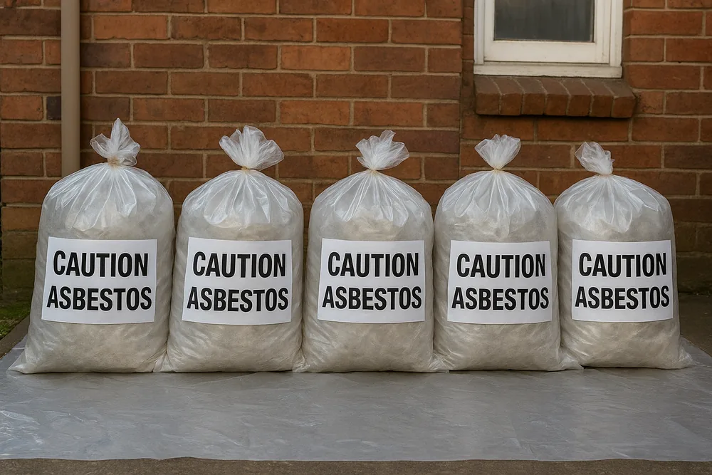 Five sealed clear waste bags each printed with a white panel reading CAUTION ASBESTOS, lined up on plastic sheeting on a concrete path beside an older brick house — asbestos disposal, Sydney. Illustrative example.