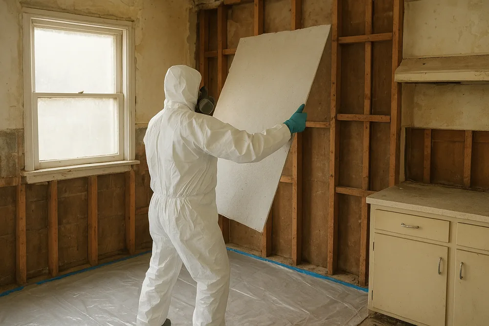 A stripped kitchen with bare timber studs and a sash window, plastic sheeting on the floor, a person in white coveralls, hood and respirator lifting away one flat pale wall sheet whole — asbestos removal before renovation or demolition, Sydney. Illustrative example.