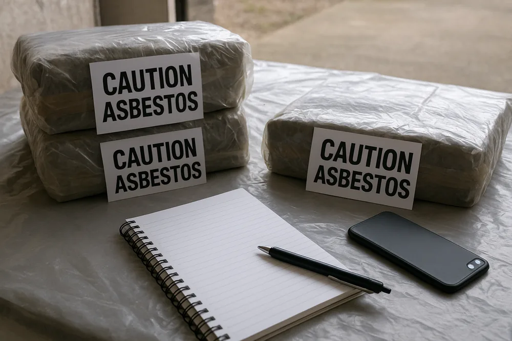 A blank spiral notepad, a pen and a phone on a plastic-covered bench beside three bundles wrapped in heavy plastic with white tags reading CAUTION ASBESTOS — asbestos disposal, Sydney. Illustrative example.
