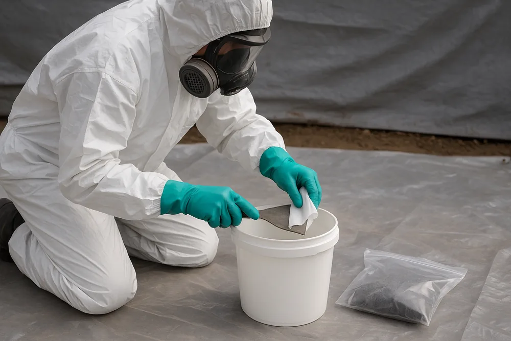 A person in white coveralls, hood, full-face respirator and green gloves kneeling and wiping a hand scraper with a wet wipe over a white bucket, a sealed bag beside them on plastic sheeting — asbestos removal, Sydney. Illustrative example.